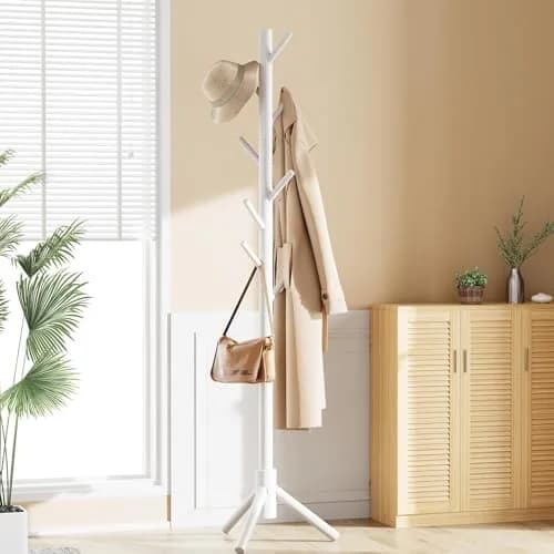 Pipishell White Freestanding Coat Rack with 8 Hooks | Adjustable Height Solid Wood Entryway Organizer thumbnail 7