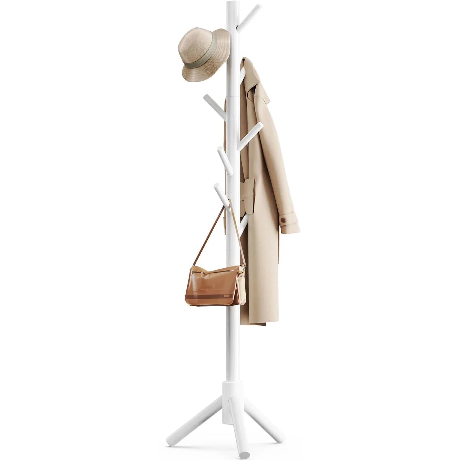Pipishell Solid Wooden Coat Rack Freestanding with 8 Hooks, Natural | 1.7m (68.9") Height-Adjustable Entryway Stand — White
