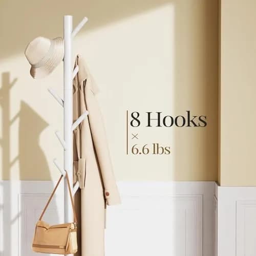 Pipishell White Freestanding Coat Rack with 8 Hooks | Adjustable Height Solid Wood Entryway Organizer thumbnail 2