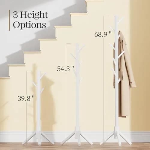 Pipishell White Freestanding Coat Rack with 8 Hooks | Adjustable Height Solid Wood Entryway Organizer thumbnail 3