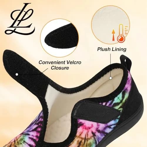 LeIsfIt Women's Wide Diabetic Slippers with Adjustable Hook & Loop, Plush Lined Indoor Outdoor House Shoes, Black Multi, Size 8 Wide thumbnail 5