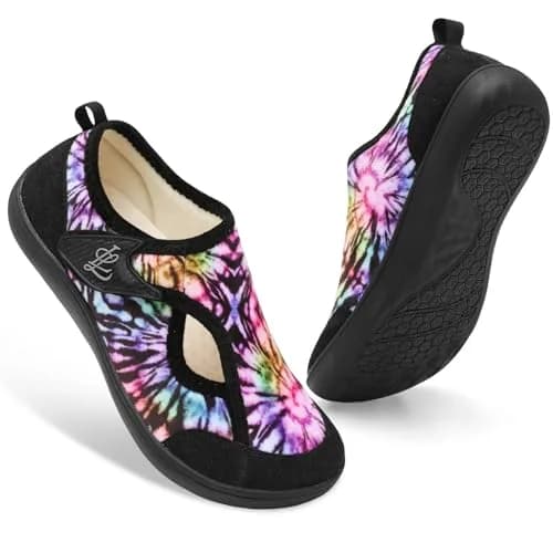 LeIsfIt Women's Wide Diabetic Slippers with Adjustable Hook & Loop, Plush Lined Indoor Outdoor House Shoes, Black Multi, Size 8 Wide thumbnail 8