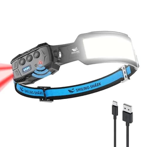 Smiling Shark Headlamp LED Rechargeable 6 Modes 7 White Lights 270° Lighting Red Tail Light | Perfect for Camping & Outdoor Activities thumbnail 1