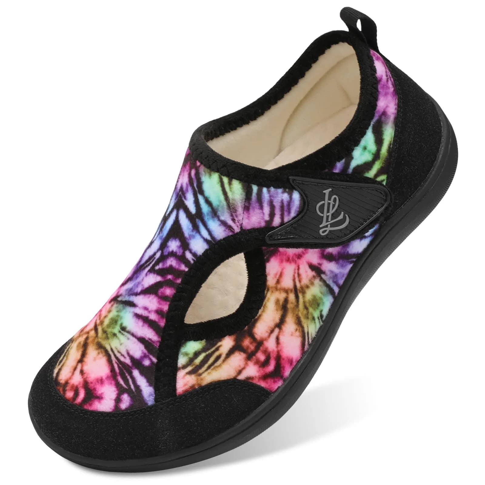 LeIsfIt Women's Wide Diabetic Slippers - Adjustable Arthritis Edema House Shoes, Black Multi, Size 9.5 Wide | Non-Slip Indoor Outdoor