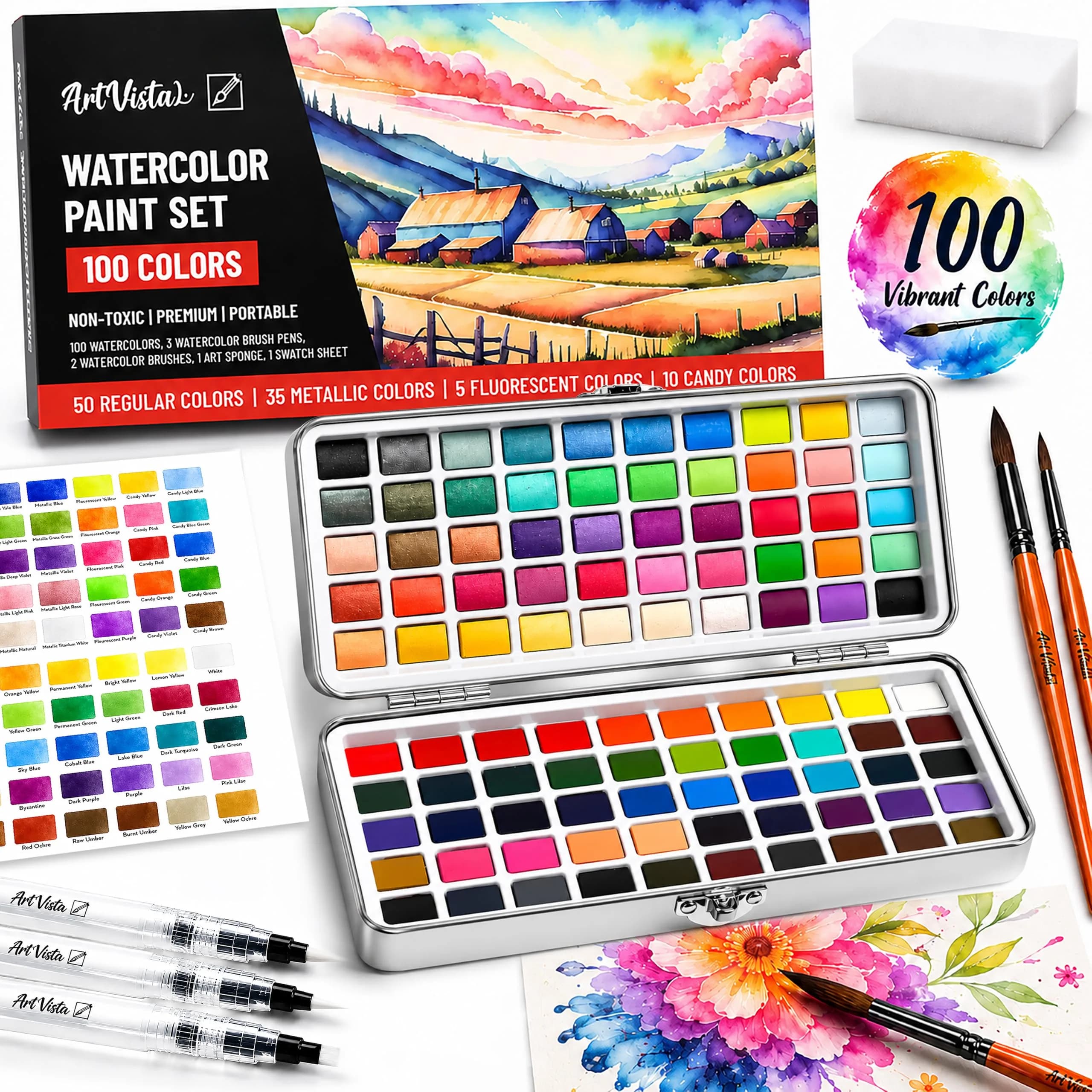 Art Vista Premium Watercolor Paint Set Bundle with 100 Vibrant Colors & Accessories | Non-Toxic, Portable Metal Case — Standard Set