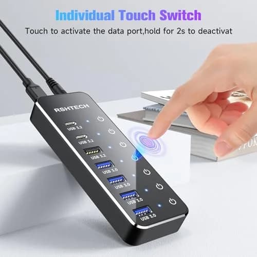 RSHTECH 7-Port Powered USB 3.2/USB C Hub with 10Gbps USB-A 3.2, 2 USB-C 3.2, 4 USB 3.0 Ports, Individual Touch Switches, 3.3ft Cable and 5V Power Adapter | Fast Data Transfer thumbnail 5