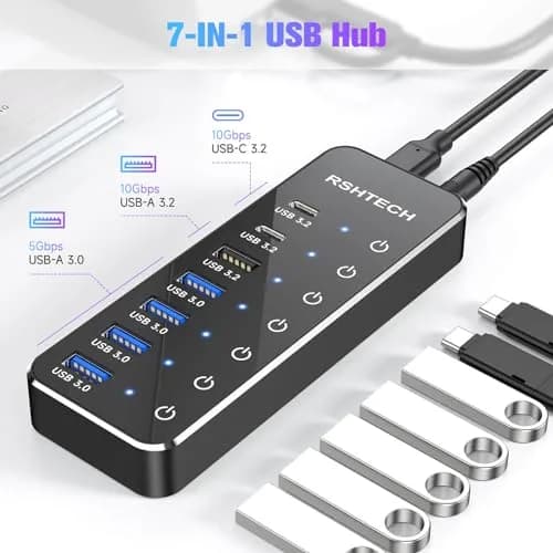 RSHTECH 7-Port Powered USB 3.2/USB C Hub with 10Gbps USB-A 3.2, 2 USB-C 3.2, 4 USB 3.0 Ports, Individual Touch Switches, 3.3ft Cable and 5V Power Adapter | Fast Data Transfer thumbnail 3