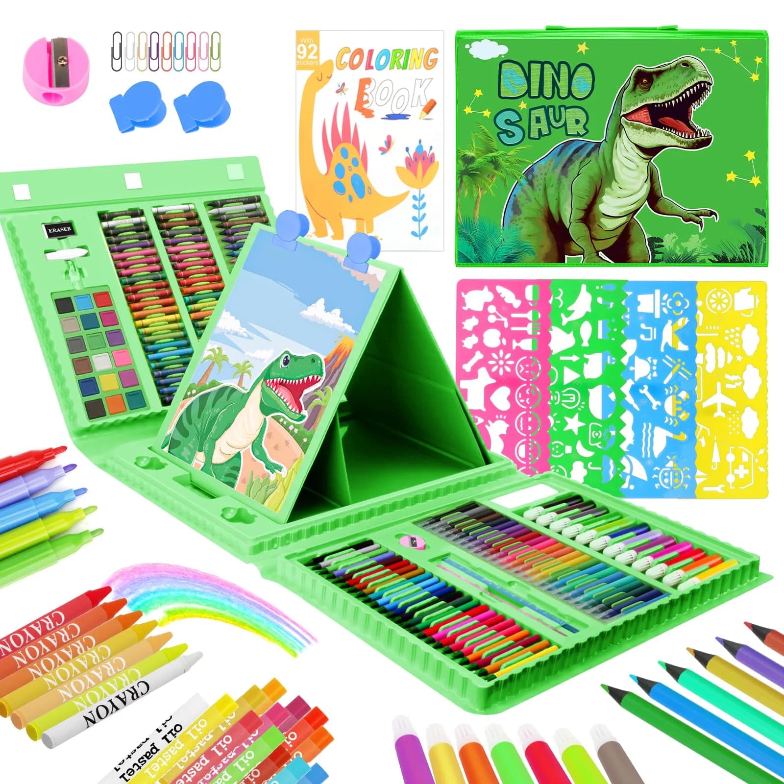 homicozy Unicorn Art Case Drawing Kit for Kids 243 PCS | Includes Easel, Crayons, Pencils, Markers, Coloring Book, Stickers — Green Dinosaur