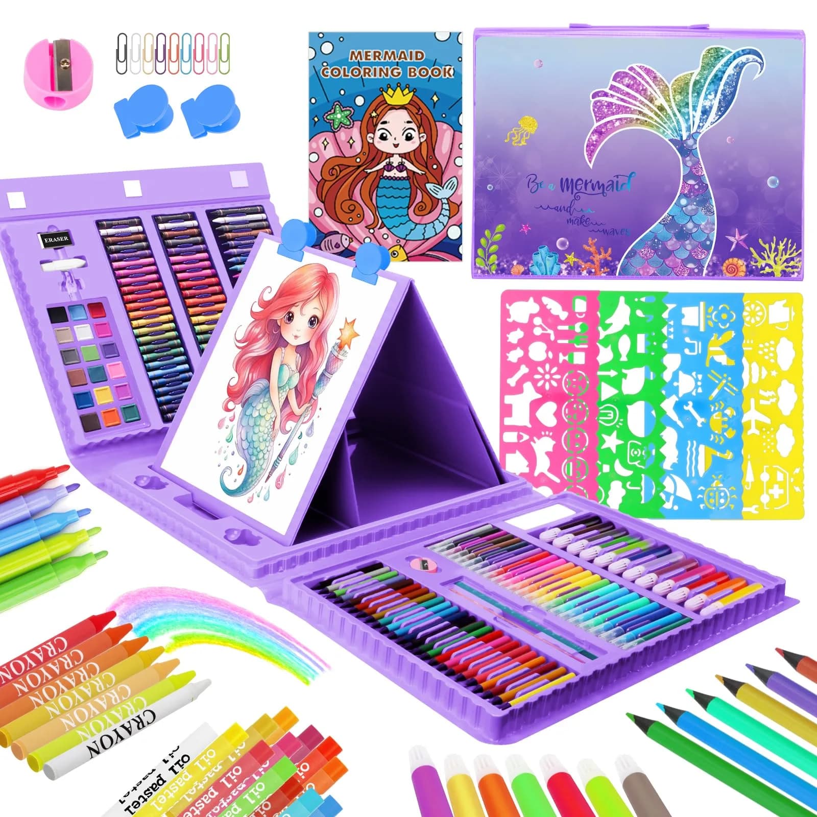 homicozy Unicorn Art Case Drawing Kit for Kids 243 PCS | Includes Easel, Crayons, Pencils, Markers, Coloring Book, Stickers — Purple Mermaid