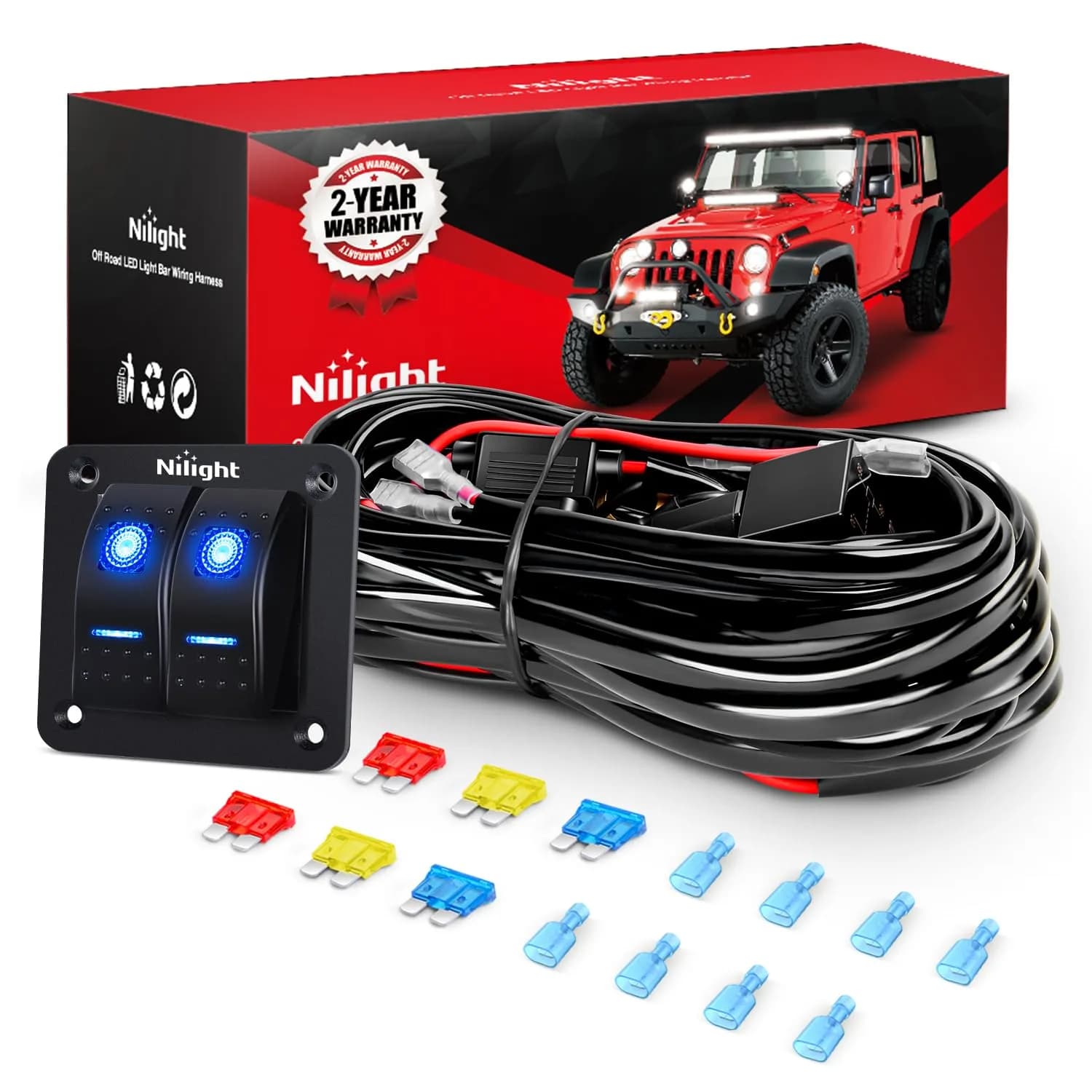 Nilight 2-Gang Rocker Switch Panel Wiring Harness Kit 16AWG 360W | Controls 4 Lights for 12V Vehicles - main product image