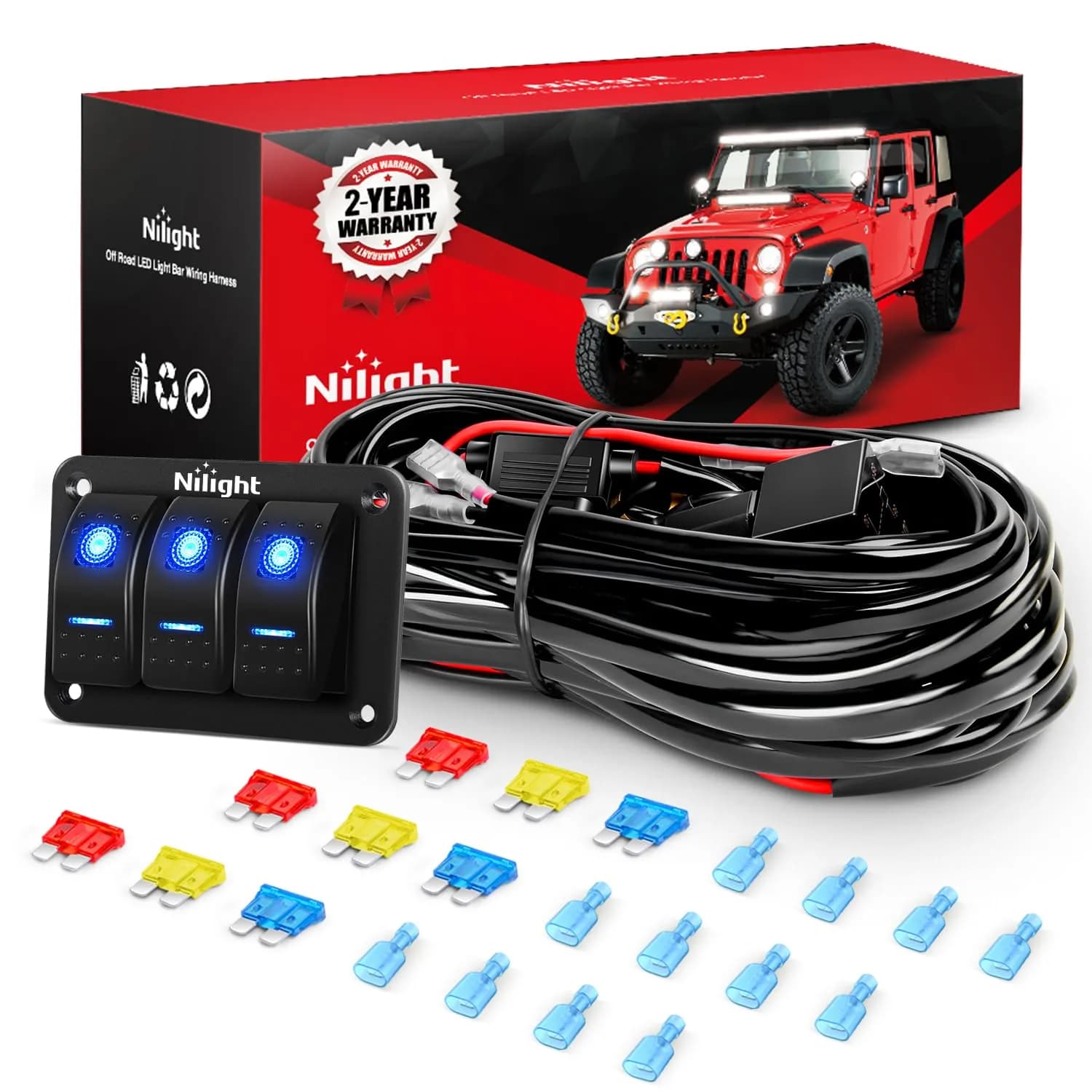 Nilight 12V 3-Gang Rocker Switch Panel Wiring Harness Kit 2.98m (9.8ft) | Heavy-Duty 16AWG Wire with Relay & Fuse