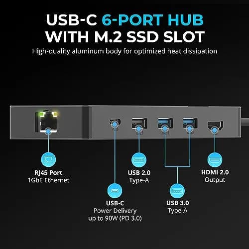 Sabrent USB-C 6-Port Hub & M.2 SSD Dock 136g (4.8oz) | 4K@60Hz HDMI, 90W PD, 10Gbps USB-C, 5Gbps USB-A, Gigabit Ethernet, M.2 NVMe/SATA SSD Slot thumbnail 2