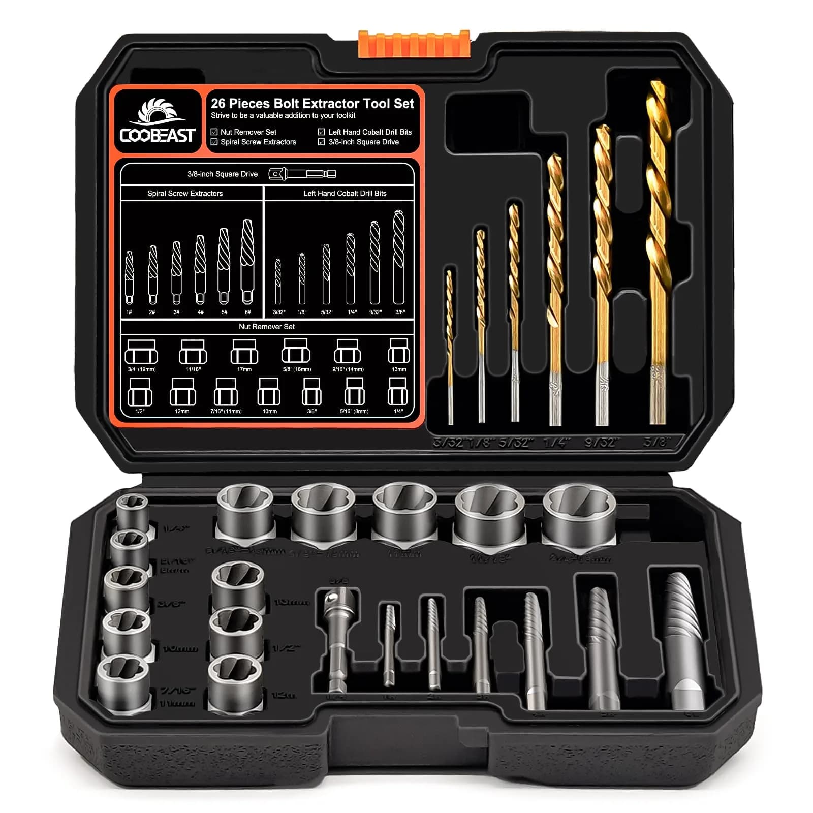 coobeast 35 Pcs Screw Extractor Set,Left Hand Drill Bits Set Screw Extractor Kit | Versatile, Sharp & Durable for Home & Mechanical Use — Black