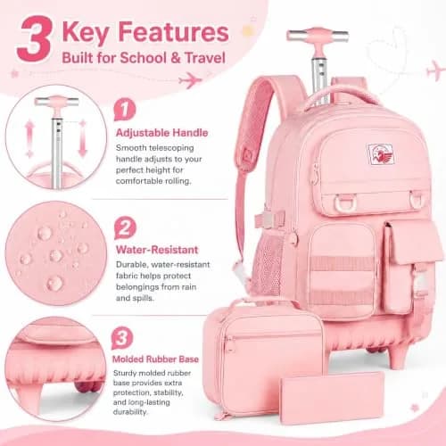 WZLVO Water Resistant Rolling Backpack for Girls & Women, 21 inch Pink | Durable & Spacious thumbnail 5