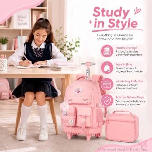WZLVO Water Resistant Rolling Backpack for Girls & Women, 21 inch Pink | Durable & Spacious thumbnail 9