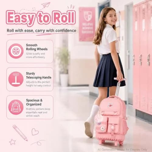 WZLVO Water Resistant Rolling Backpack for Girls & Women, 21 inch Pink | Durable & Spacious thumbnail 2