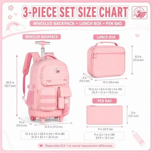 WZLVO Water Resistant Rolling Backpack for Girls & Women, 21 inch Pink | Durable & Spacious thumbnail 4