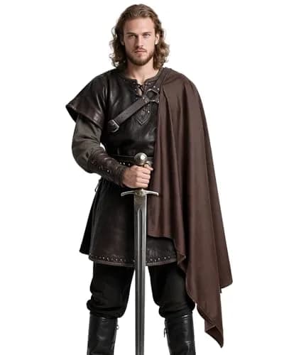 L'VOW Medieval Half Shoulder Cape Knight Cloak with Belt, Brown One Size | Authentic Vintage Design for Cosplay & Halloween thumbnail 1