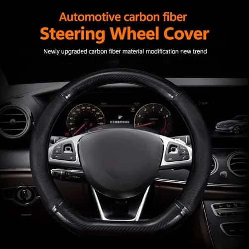 QODOLSI Black D-Shaped Carbon Fiber Leather Steering Wheel Cover | Universal Fit, Breathable, Non-Slip thumbnail 3