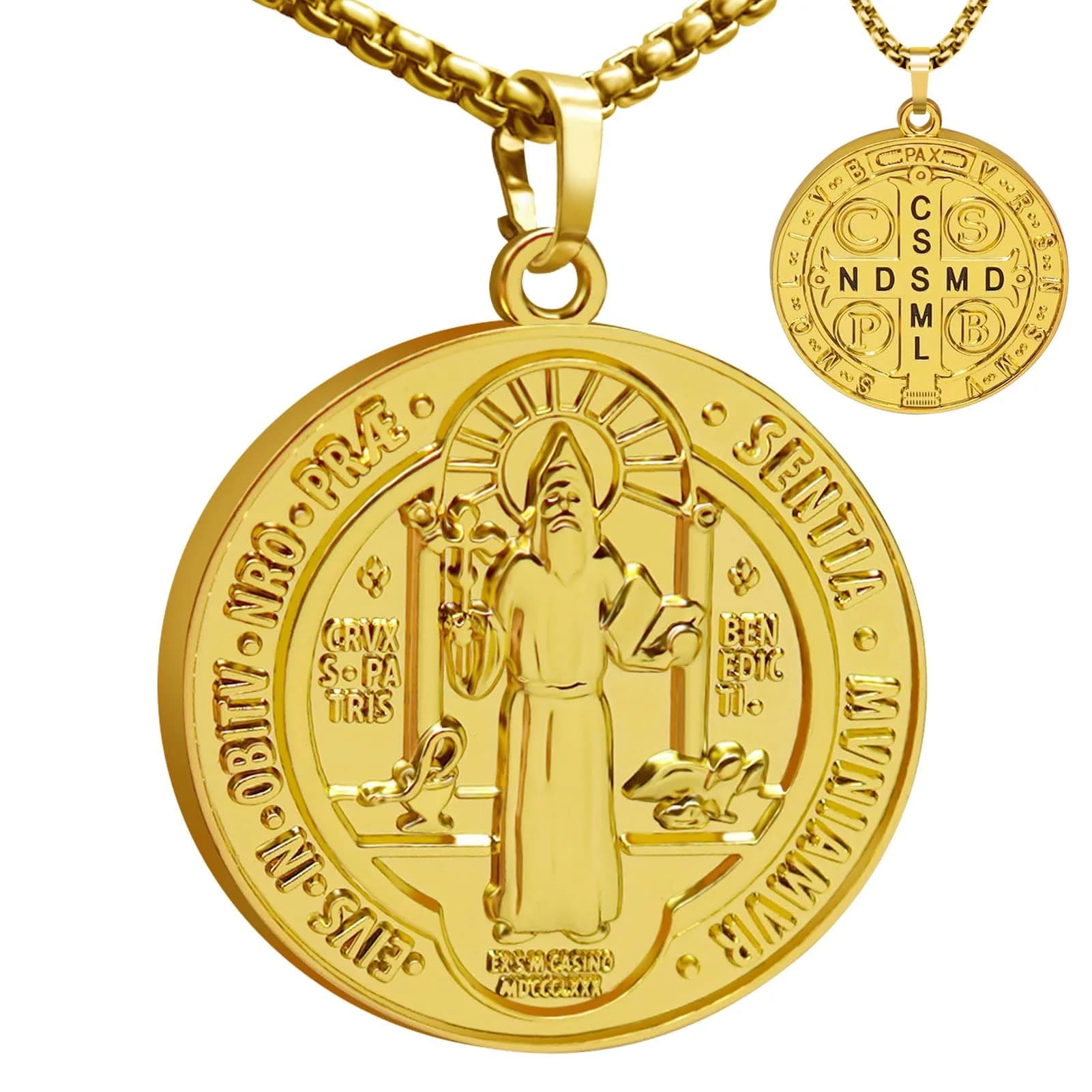 Anwlki St Benedict Necklace with Pendant, Ancient Silver, 60cm (23.62 inches) | Faith and Protection Symbol — Gold