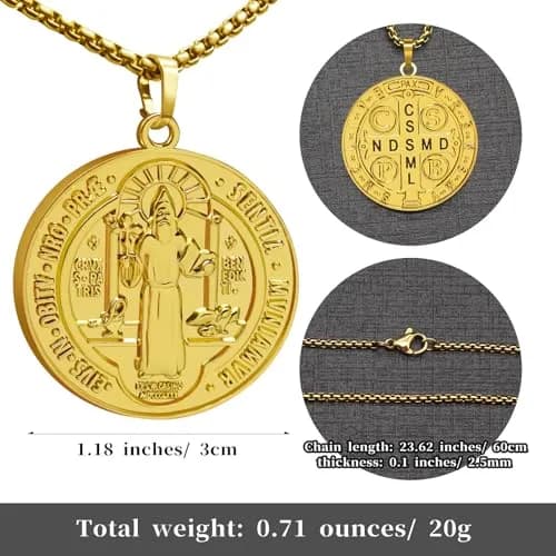 Anwlki St Benedict Necklace Gold Pendant | 60cm (23.62in) Chain | Faith Protection Symbol thumbnail 3