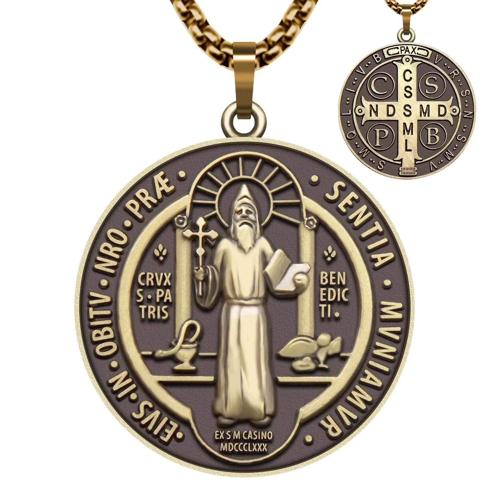 Anwlki St Benedict Necklace with Pendant, Ancient Silver, 60cm (23.62 inches) | Faith and Protection Symbol — Brass Color