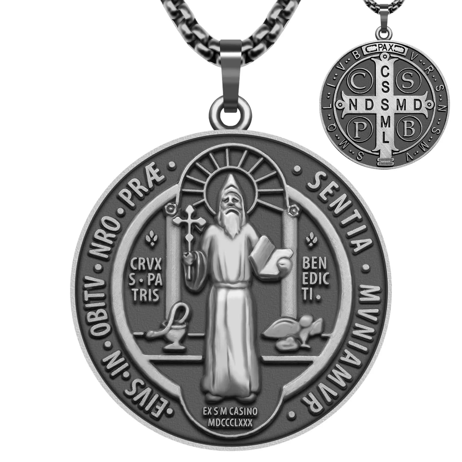 Anwlki St Benedict Necklace with Pendant, Ancient Silver, 60cm (23.62 inches) | Faith and Protection Symbol — Ancient Silver