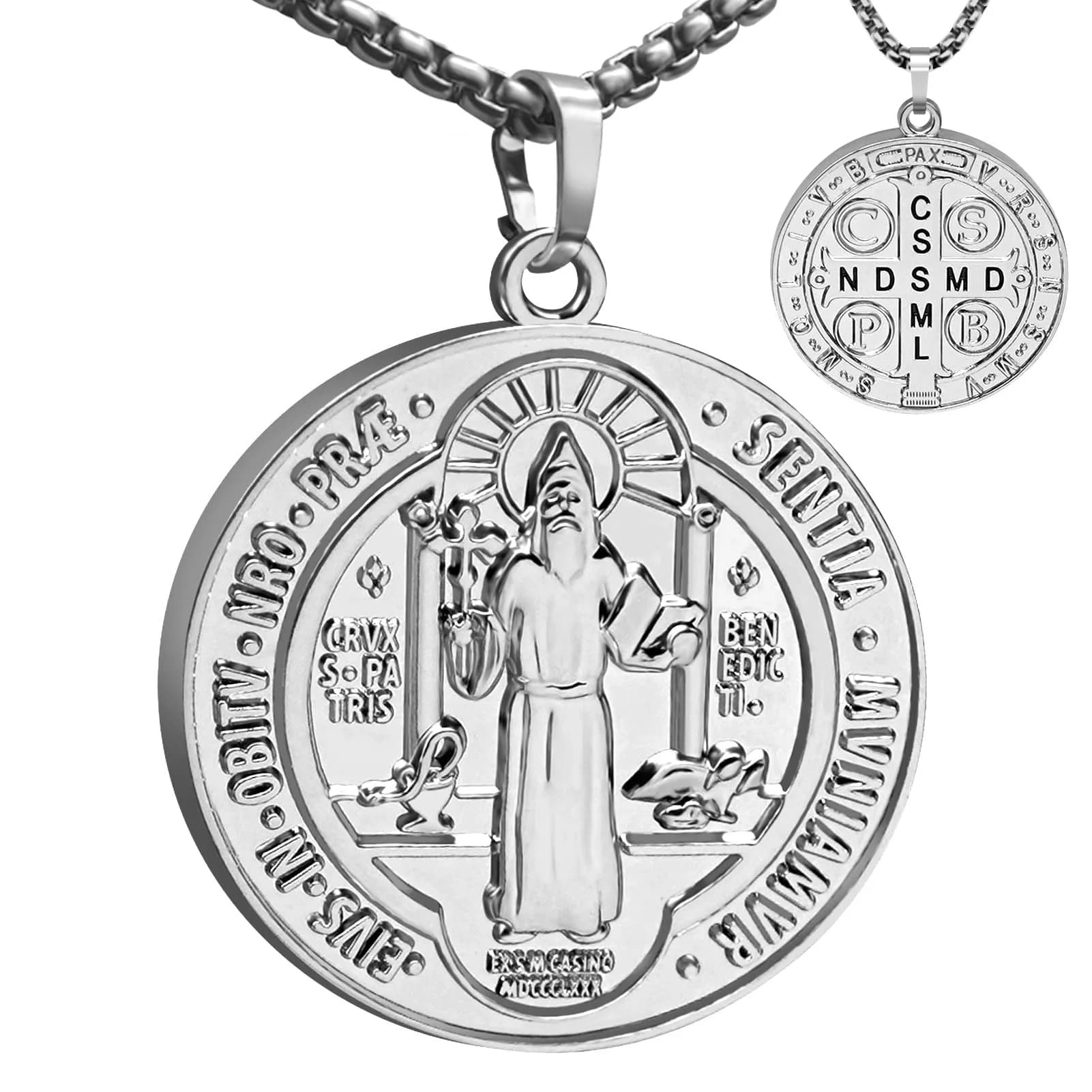 Anwlki St Benedict Necklace with Pendant, Ancient Silver, 60cm (23.62 inches) | Faith and Protection Symbol — Silver