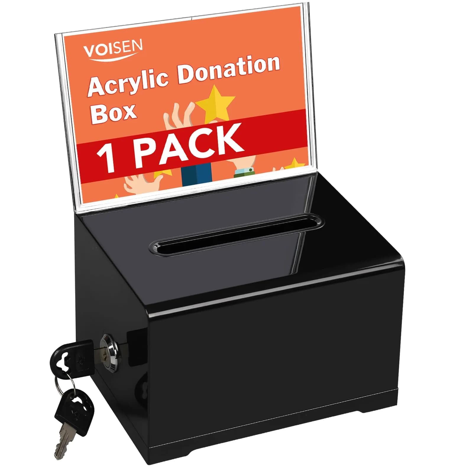 VOISEN Acrylic Donation Box with Lock, Black Tip Jar with Sign Holder | Secure Locking, Impact-Resistant, Lightweight - main product image