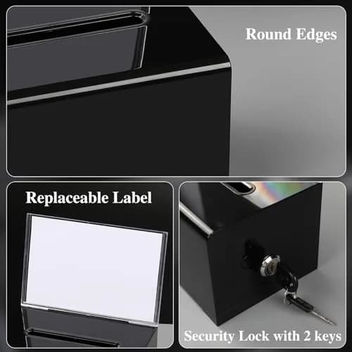 VOISEN Acrylic Donation Box with Lock, Black Tip Jar with Sign Holder | Secure Locking, Impact-Resistant, Lightweight thumbnail 3