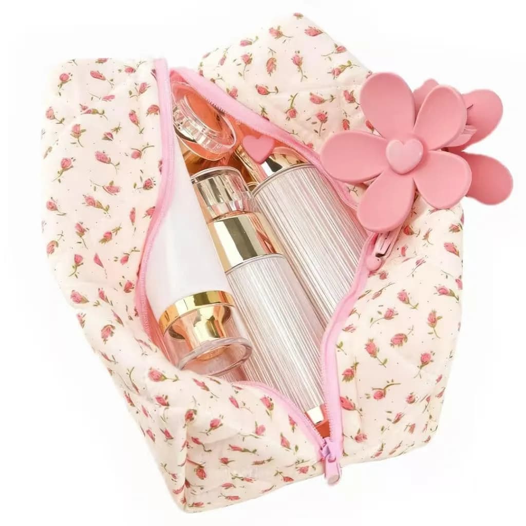 MZLUWM Puffy Coquette Floral Quilted Makeup Bag Large Fashionable Travel Pouch Cute Pink 20cm (7.8in) x 12cm (4.7in) x 10cm (4in) — Flowers