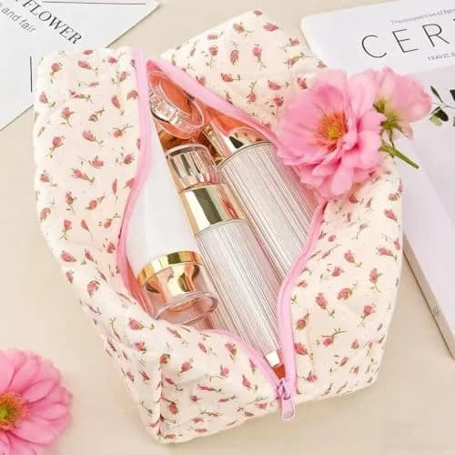 MZLUWM Floral Quilted Makeup Bag with Pink Gingham Lining, 19.8cm x 11.9cm x 10.2cm (7.8"L x 4.7"W x 4"H) | Popular Unique Pattern Design thumbnail 7