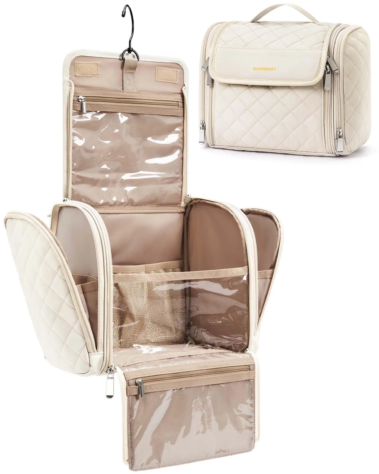 BAGSMART Hanging Toiletry Bag for Women, Large Capacity Cosmetic Organizer Case with Hook, Water-resistant Makeup Bag for Travel, Beige - main product image