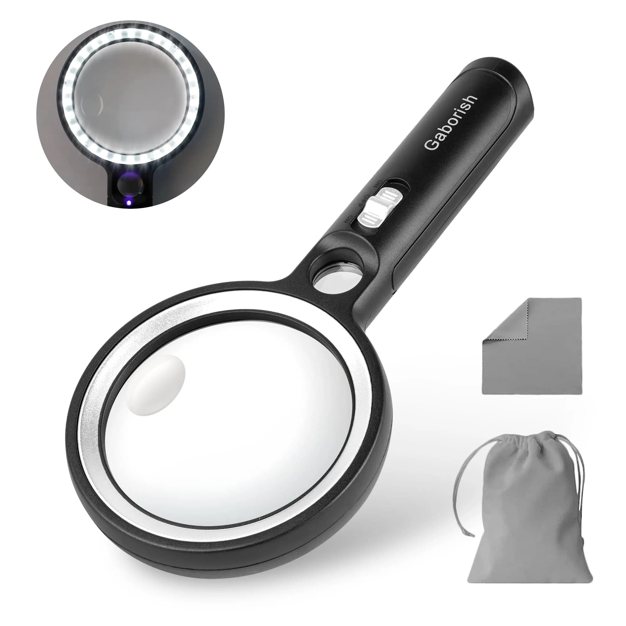 GABORISH Neck Magnifier Hands Free with Light, 10X 5.2 Inch Acrylic Lens | 36 LED Lights for Reading, Sewing, Crafts — Black & Silver