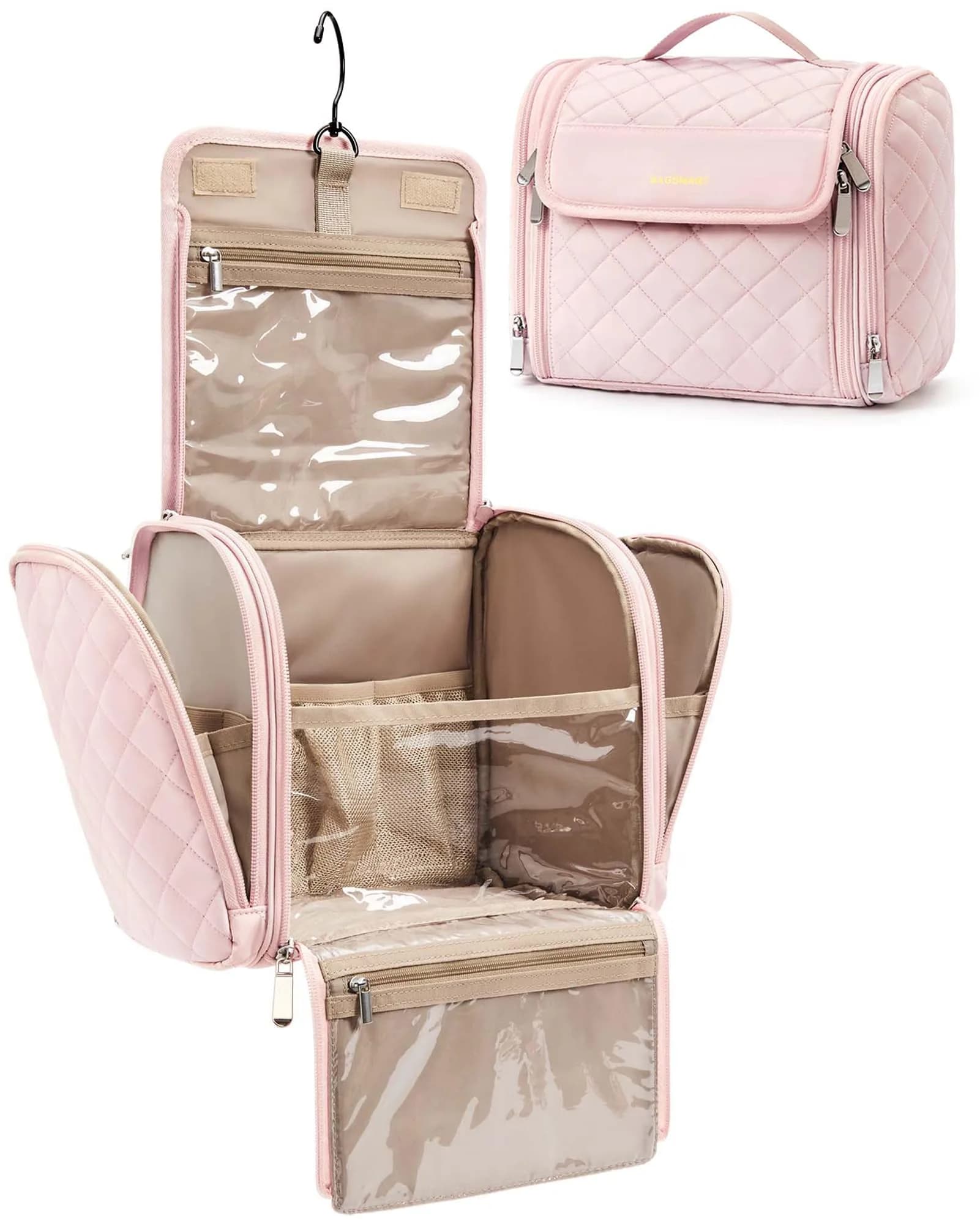 BAGSMART Hanging Toiletry Bag for Women, Large Capacity Cosmetic Organizer Case with Hook, Water-resistant Makeup Bag for Travel, Beige — Pink / Large