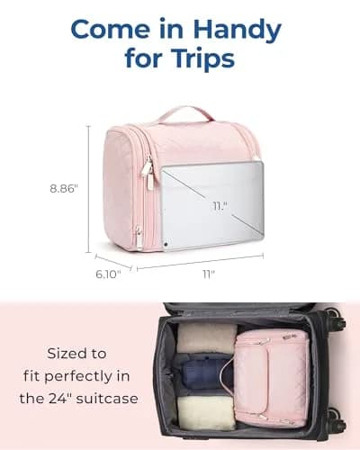 BAGSMART Makeup Bag for Women with Hanging Hook, Large Water-resistant Organizer, Pink | Portable Travel Case for Cosmetics & Toiletries thumbnail 5
