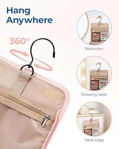 BAGSMART Makeup Bag for Women with Hanging Hook, Large Water-resistant Organizer, Pink | Portable Travel Case for Cosmetics & Toiletries thumbnail 6
