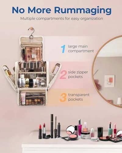 BAGSMART Makeup Bag for Women with Hanging Hook, Large Water-resistant Organizer, Pink | Portable Travel Case for Cosmetics & Toiletries thumbnail 2