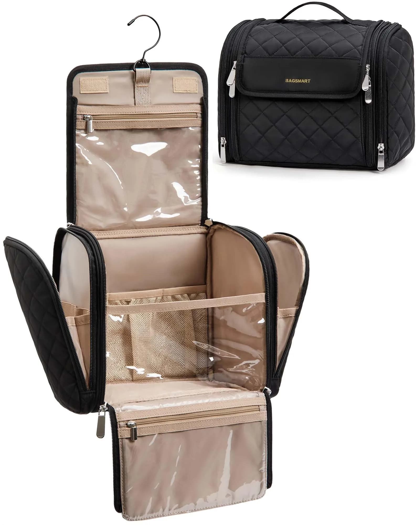 BAGSMART Hanging Makeup Bag with Hook - Large Capacity Travel Organizer for Cosmetics & Toiletries, Black | TSA-Compliant Carry-On - main product image