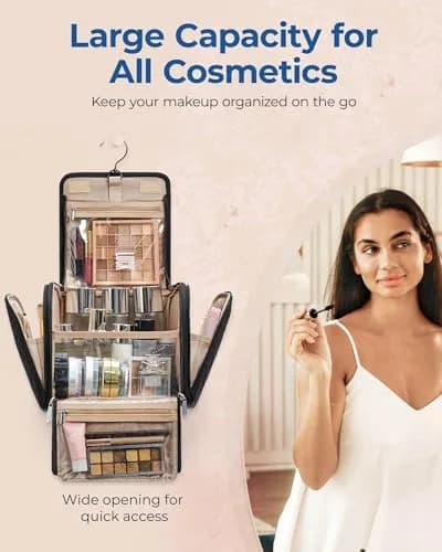 BAGSMART Hanging Makeup Bag with Hook - Large Capacity Travel Organizer for Cosmetics & Toiletries, Black | TSA-Compliant Carry-On thumbnail 3