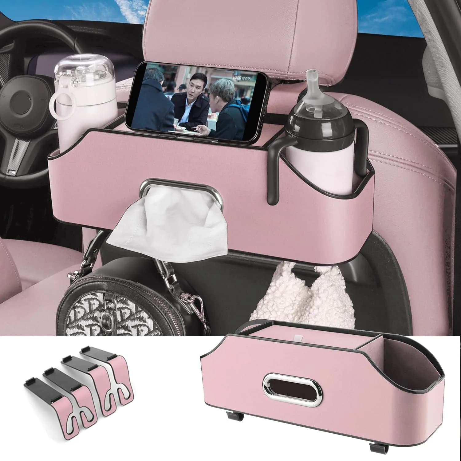 HOLDCY Car Back Seat Organizer with 2 Cup Holders, Tissue Storage, Pink | Waterproof ABS & PU Leather, Multi-Pocket Car Organizer