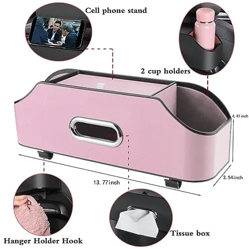 HOLDCY Car Back Seat Organizer with 2 Cup Holders, Tissue Storage, Pink | Waterproof ABS & PU Leather, Multi-Pocket Car Organizer thumbnail 2