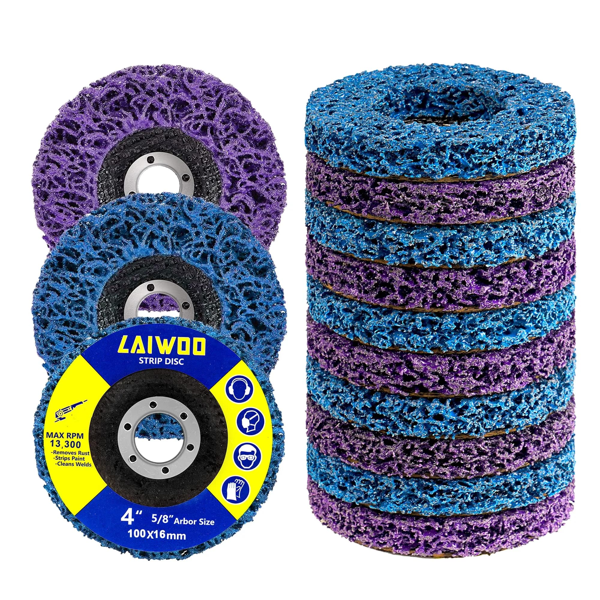LAIWOO Strip Disc Wheel for Angle Grinder Paint Rust Removal 4-1/2" x 7/8" (10 Pack, Purple) | Diamond Abrasive for Metal Surface Prep — 4'' x 5/8''-Purple+Blue