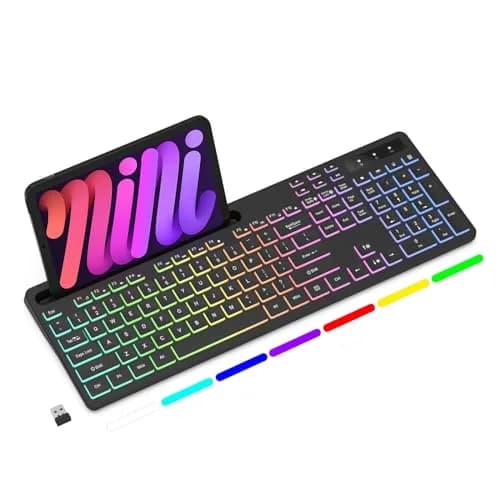 Soueto Wireless Keyboard with RGB Backlit, Phone Holder, Black | Full-Size Tactile Keys thumbnail 1