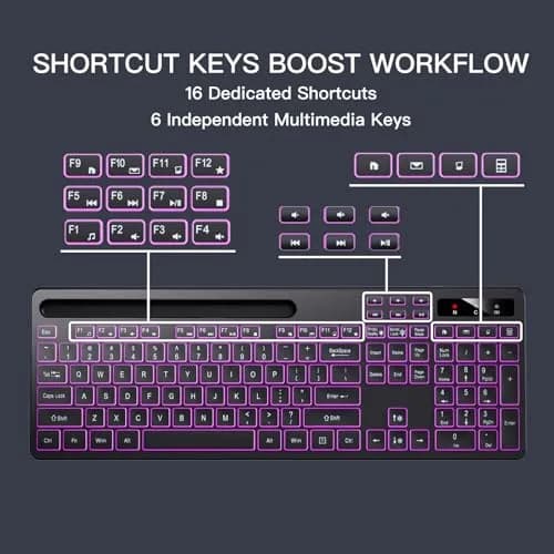 Soueto Wireless Keyboard with RGB Backlit, Phone Holder, Black | Full-Size Tactile Keys thumbnail 5