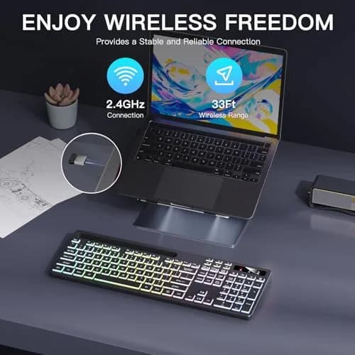Soueto Wireless Keyboard with RGB Backlit, Phone Holder, Black | Full-Size Tactile Keys thumbnail 7