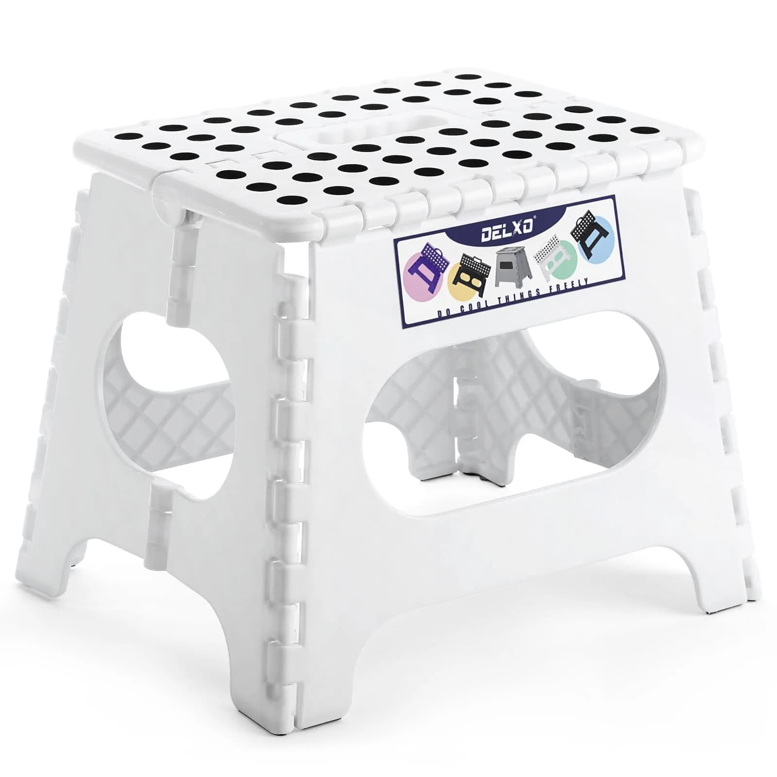 Delxo Folding Step Stool 13 Inch (33 cm) | Heavy Duty 300 lbs (136 kg) Capacity, Red — White / 11 Inch