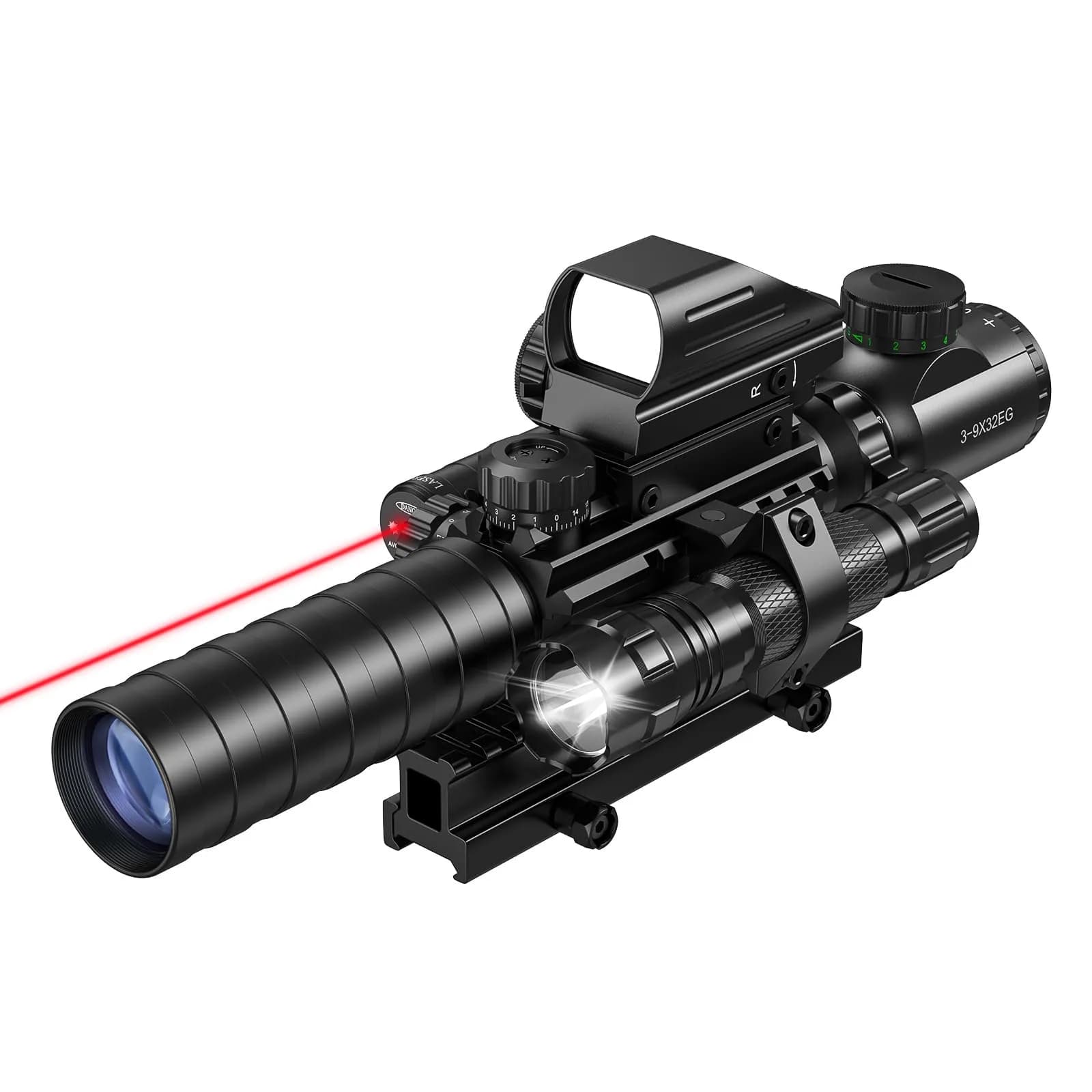 MidTen 3-9x32 5-in-1 Scope Combo with Dual Illuminated Rangefinder Reticle, Laser Sight, Red Dot, Flashlight, 20mm Mount, Green — Red / 5-in-1