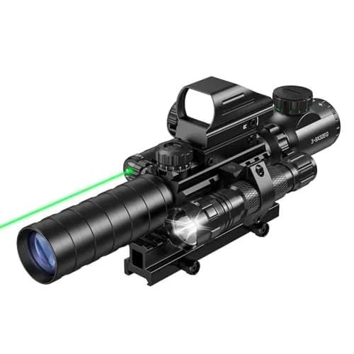 MidTen 3-9x32 5-in-1 Scope Combo with Dual Illuminated Rangefinder Reticle, Laser Sight, Red Dot, Flashlight, 20mm Mount, Green thumbnail 1