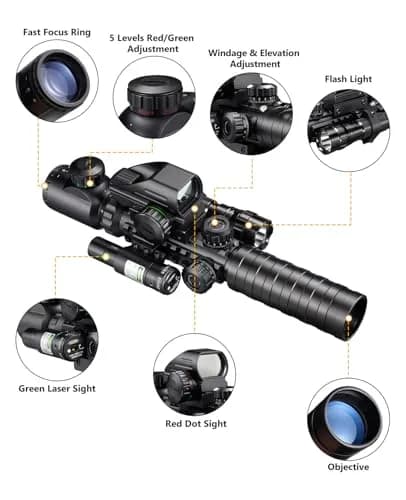 MidTen 3-9x32 5-in-1 Scope Combo with Dual Illuminated Rangefinder Reticle, Laser Sight, Red Dot, Flashlight, 20mm Mount, Green thumbnail 2